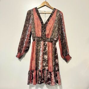 Dex Coral and Brown Patchwork V-Neck Long Sleeve Prairie Midi Dress Size Small